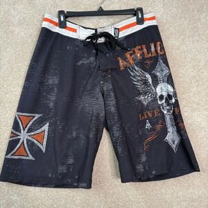 AFFLICTION Board Shorts Men's 34 Black Orange Skull Cross Graphic Y2K MMA Biker